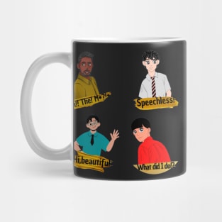 men with expressive notes each with a different expression Mug